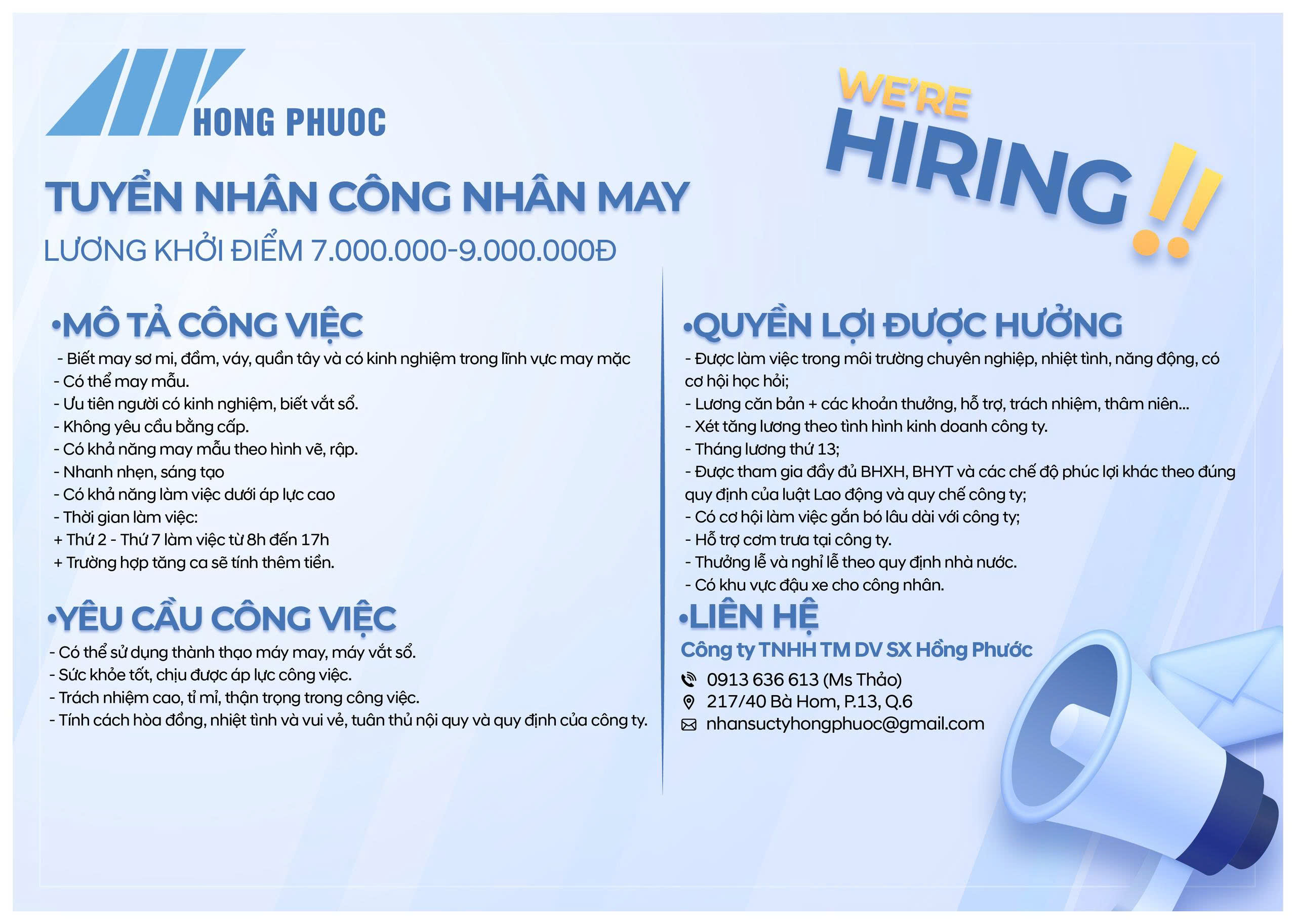 TUYỂN DỤNG CÔNG NHÂN MAY